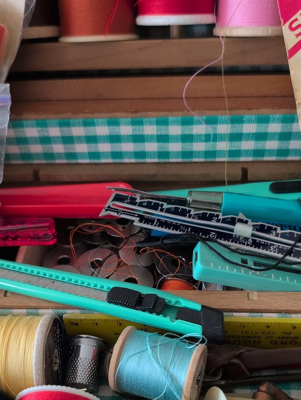 Vintage Wooden Box Sewing Kit Full Of Vintage Supplies.